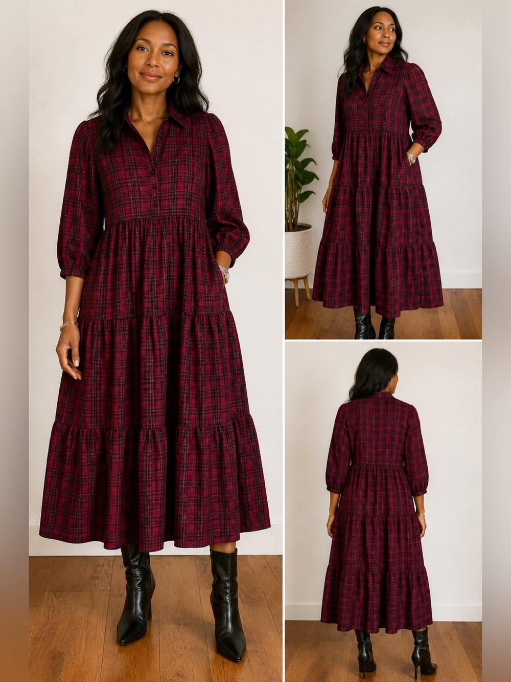 Victoria Dunn Red Plaid Long Sleeve Dress